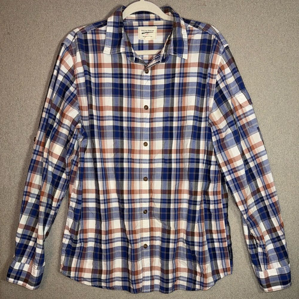 Field & Stream size large Blue and Brown Checkered long sleeve button down Shirt